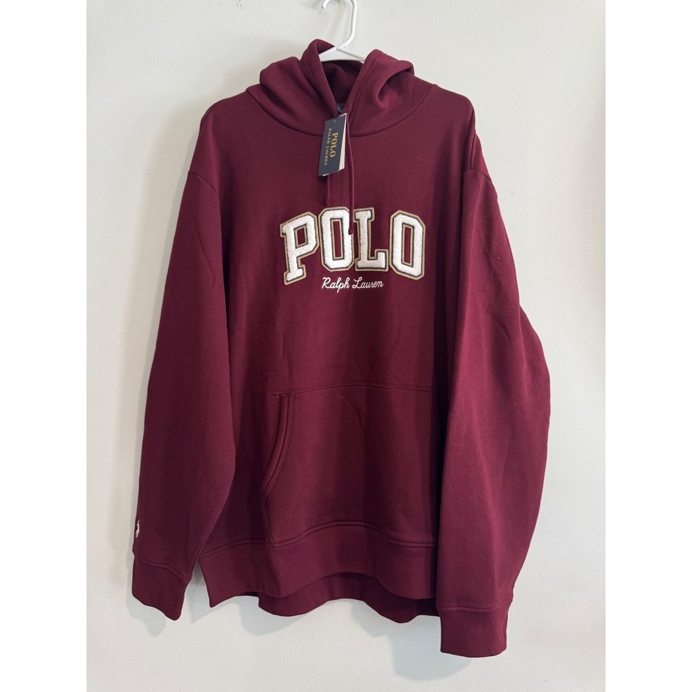Polo Ralph Lauren Chenille Logo Fleece Hoodie Mens XXL Red Burgundy NWT